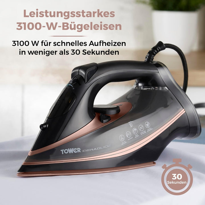 ower T22013 CeraGlide Dampf Bügeleisen mit Keramiksohle - 3100 W, Roségold und Schwarz 3100 W Ceragl