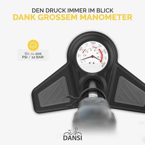 DANSI Stand-Fahrradpumpe alle Ventile AV, SV, DV - Luftpumpe Fahrrad Inklusive Grossem Manometer, Ad