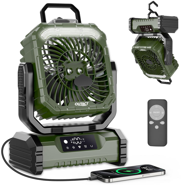 Camping Ventilator 20000mAh, Wiederaufladbarer Tischventilator USB Ventilator mit LED Licht & Haken,