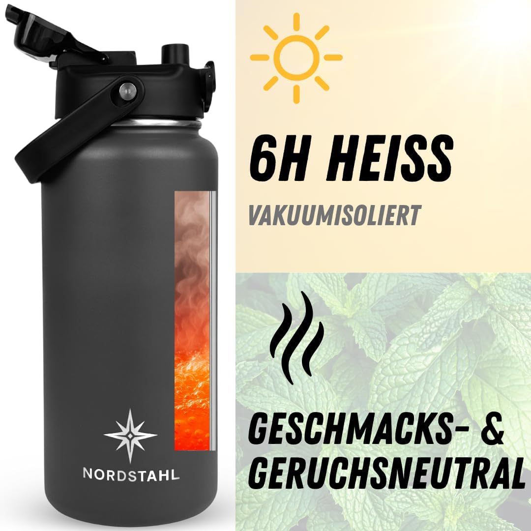 Thermosflasche 2L | 2-in-1 Deckel mit Strohhalm | 100% Spülmaschinenfest | 24h Eiskalt | 6h brennend