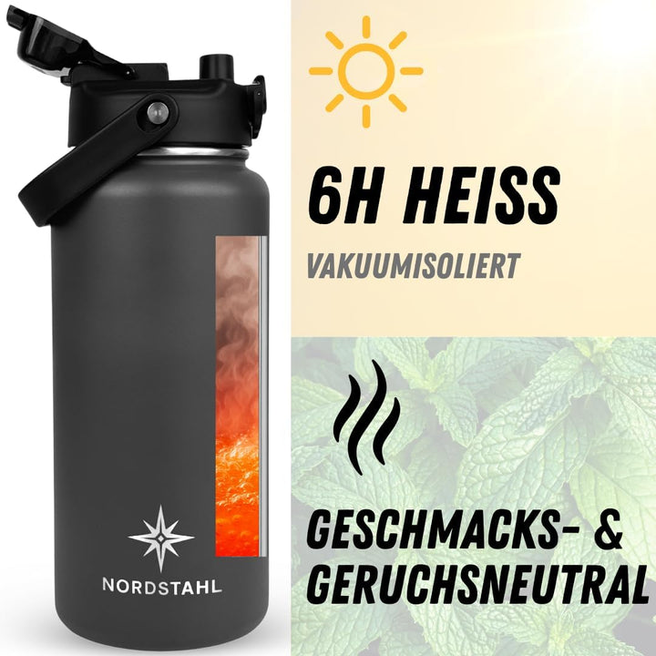 Thermosflasche 2L | 2-in-1 Deckel mit Strohhalm | 100% Spülmaschinenfest | 24h Eiskalt | 6h brennend