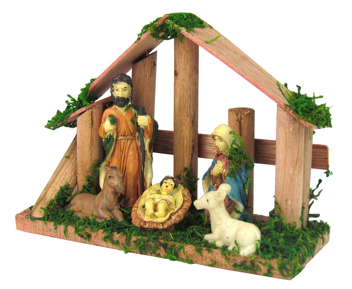 Krippe XL aus Holz, mit Moos verziert und Figuren, 15x11x5cm