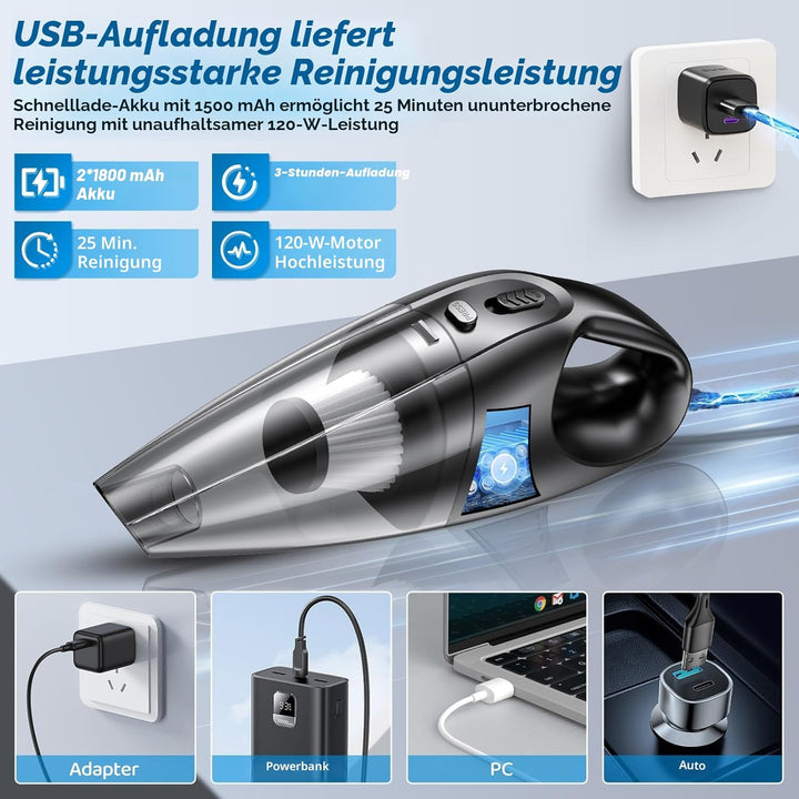 Handstaubsauger Kabelloser, 120W Motor, 60.000 U/min Saugleistung, 9.000 Pa, 2 waschbare Filter, 3 D