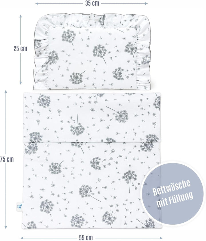 Pepi - Bettwäsche Weiss Rüschen - Kissen 25×35 und Bettdecke mit Füllung 55×75 - Musselin Bettwäsche