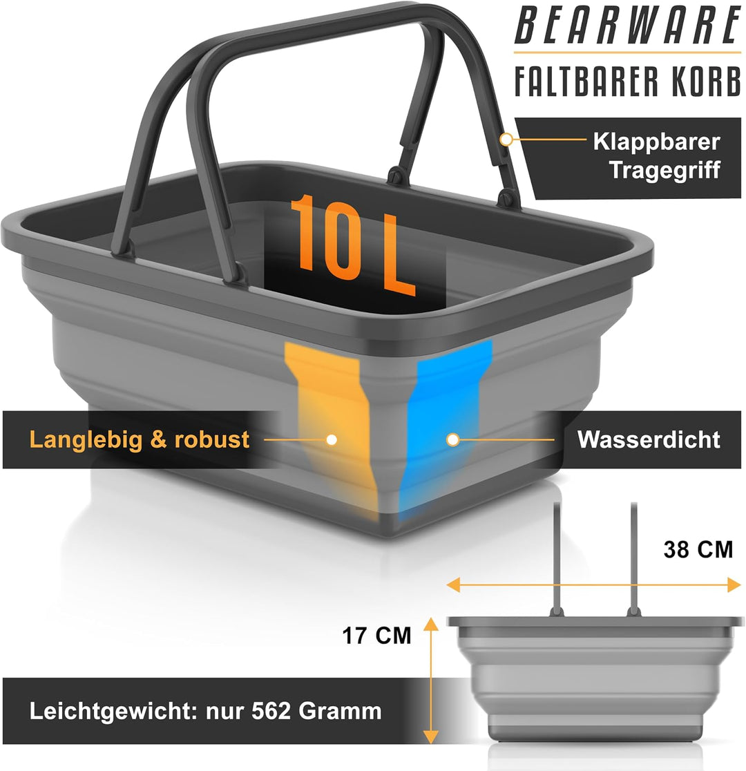 Bearware - Faltbarer Korb mit Griffen – 10 Liter – Einkaufskorb Picknickkorb Wäschekorb zusammenklap