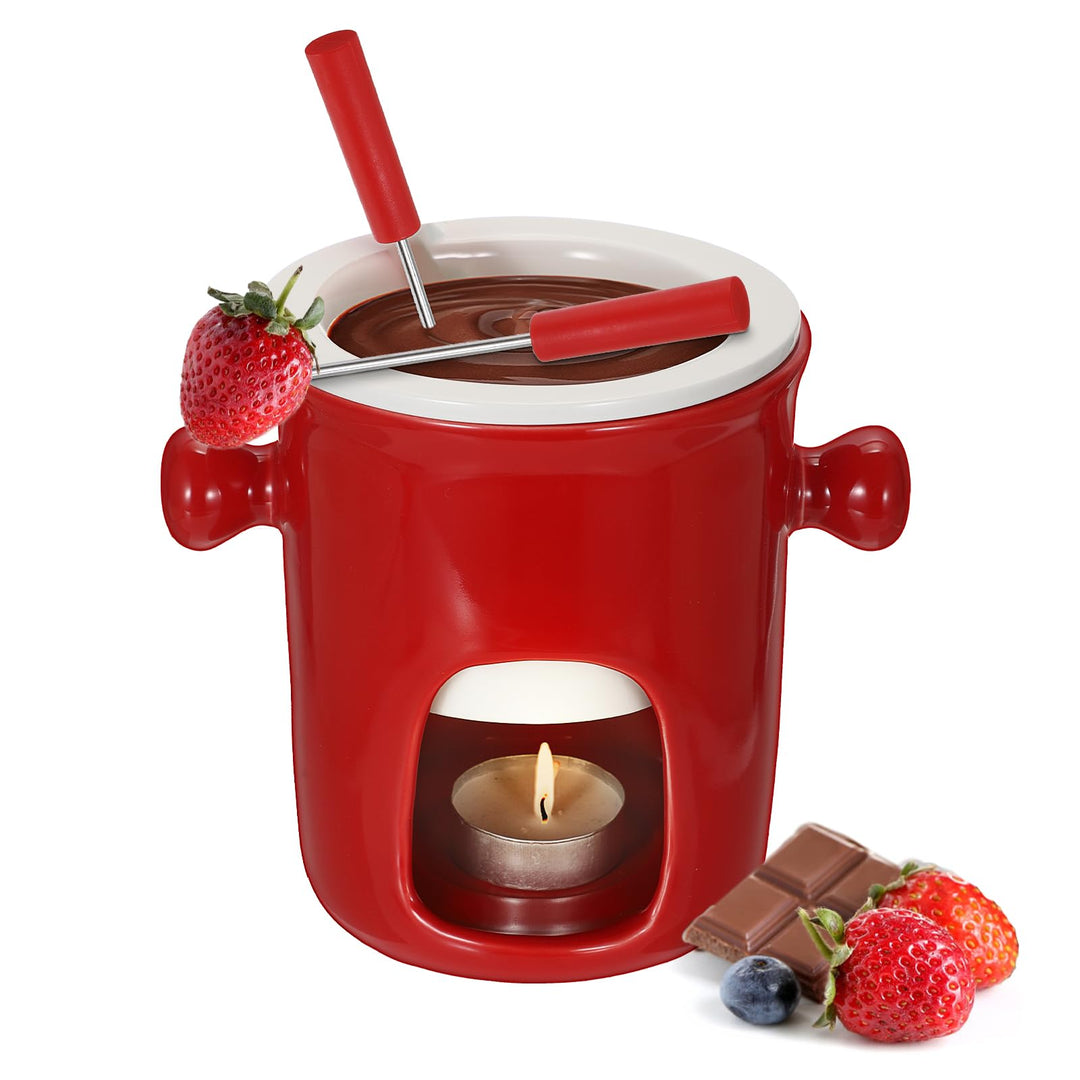 SUMNACON Keramike Schokofondue-Topf-Set mit 2 Gabeln, Schoko Fondueset,Käsefondue für Schokolade Käs