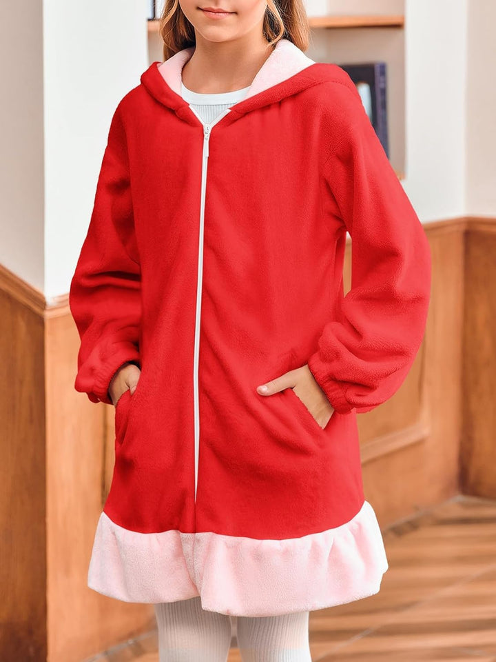 Haloumoning Mädchen Kapuzenjacke Niedlich Fleece Sweatjacke mit Reissverschluss und 2 Taschen Rot 8-