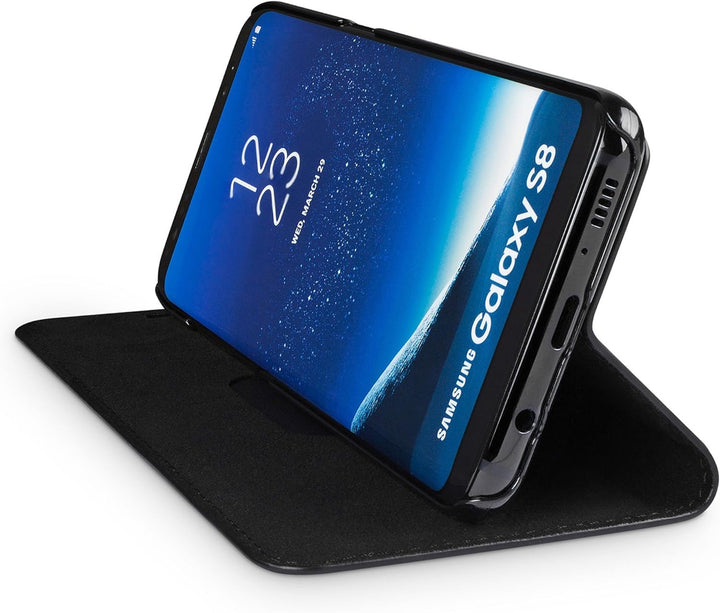 WIIUKA Echt Ledertasche -TRAVEL- für Samsung Galaxy S8 mit Kartenfach, extra Dünn, Tasche Schwarz, L