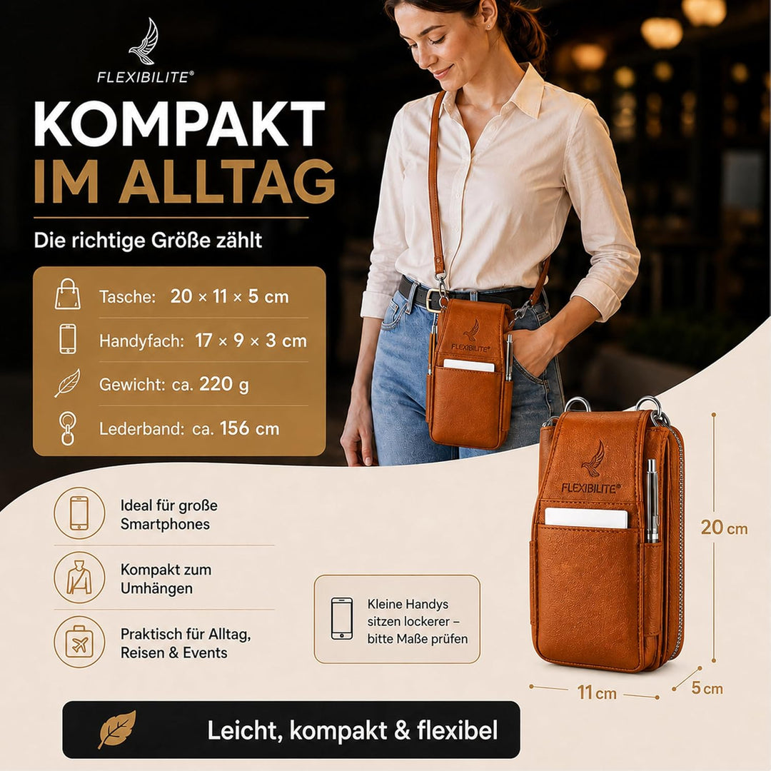 FLEXIBILITE® Handytasche zum Umhängen Braun aus echtem Leder I EXTRA leicht 220 g mit RFID I Handy P