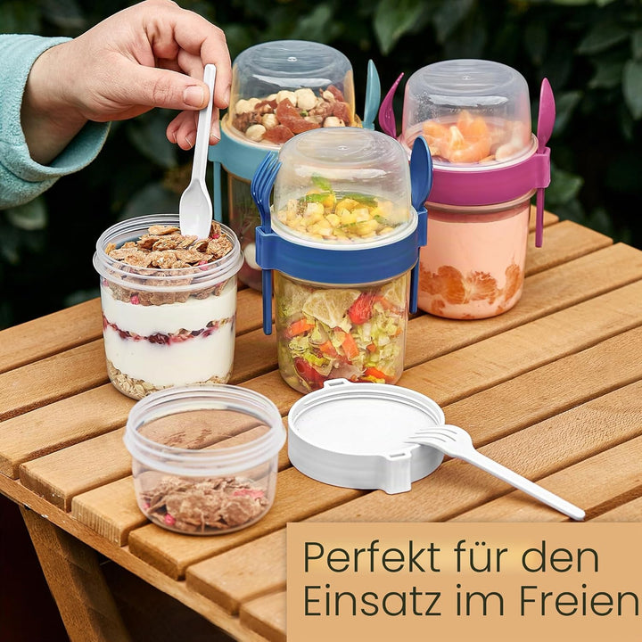 Crystalia Müslibecher to Go mit Löffel & Gabel Set 4, 100% BPA-FREI Joghurt Becher to Go mit Deckel,