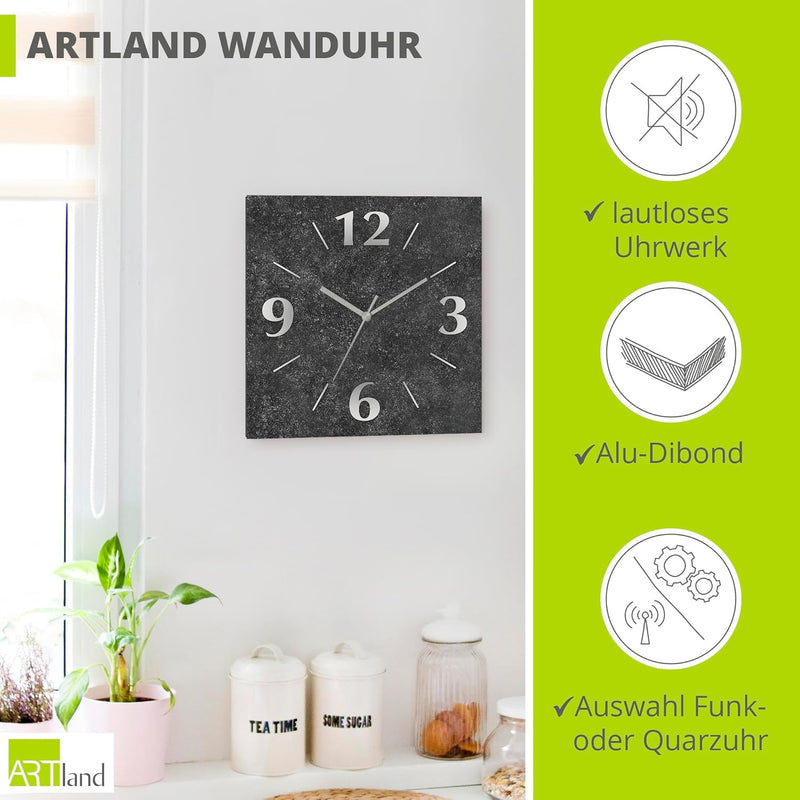 ARTLAND Wanduhr ohne Tickgeräusche Alu Funkuhr 30x30 cm Quadratisch Lautlos analoge Funkuhr, 4 Ziffe