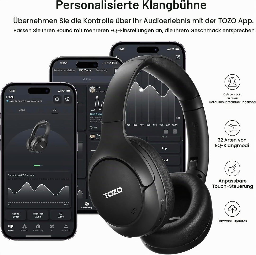 TOZO HT2 Kabelloser Bluetooth Kopfhörer Over-Ear mit Hybrid Active Noise Cancelling, 56 Stdn. Spielz