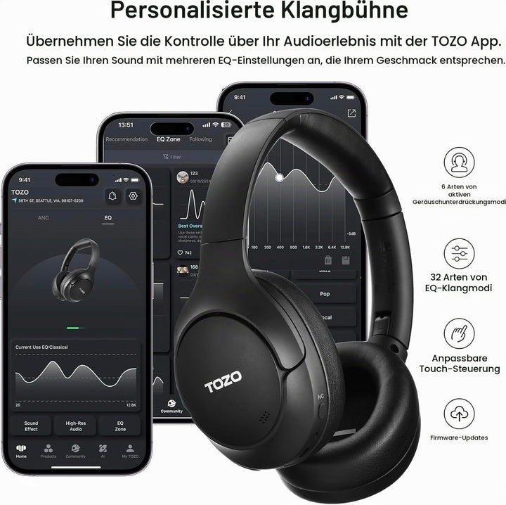 TOZO HT2 Kabelloser Bluetooth Kopfhörer Over-Ear mit Hybrid Active Noise Cancelling, 56 Stdn. Spielz