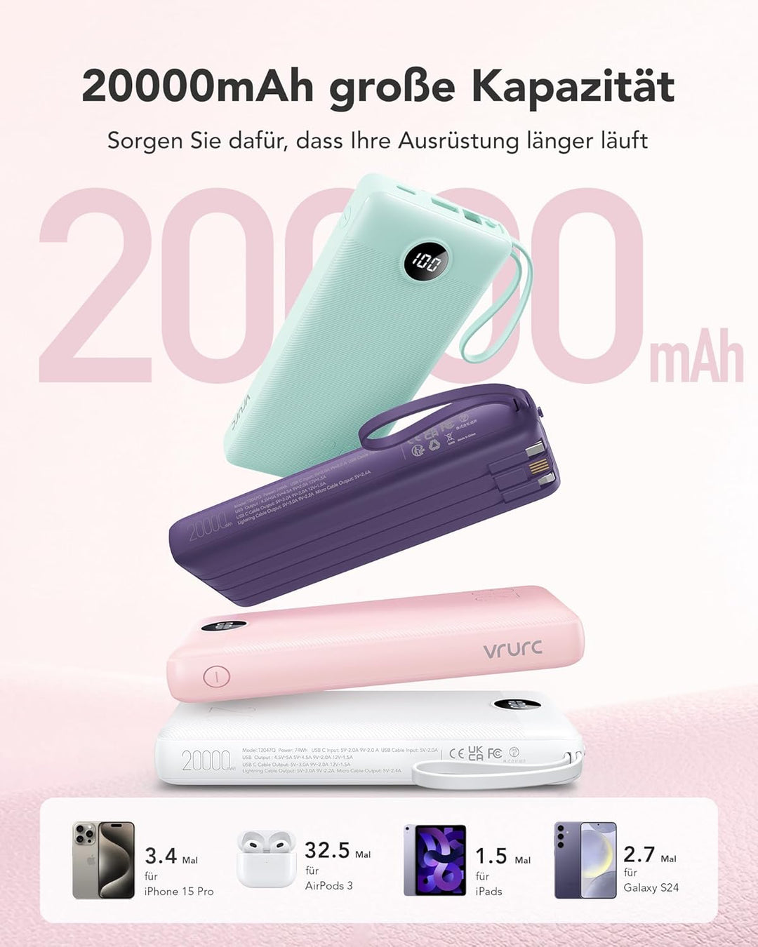 VRURC Powerbank 22.5W Schnelles Aufladen, 20000mAh Power Bank mit Kabel Tragbares Ladegerät USB C LE