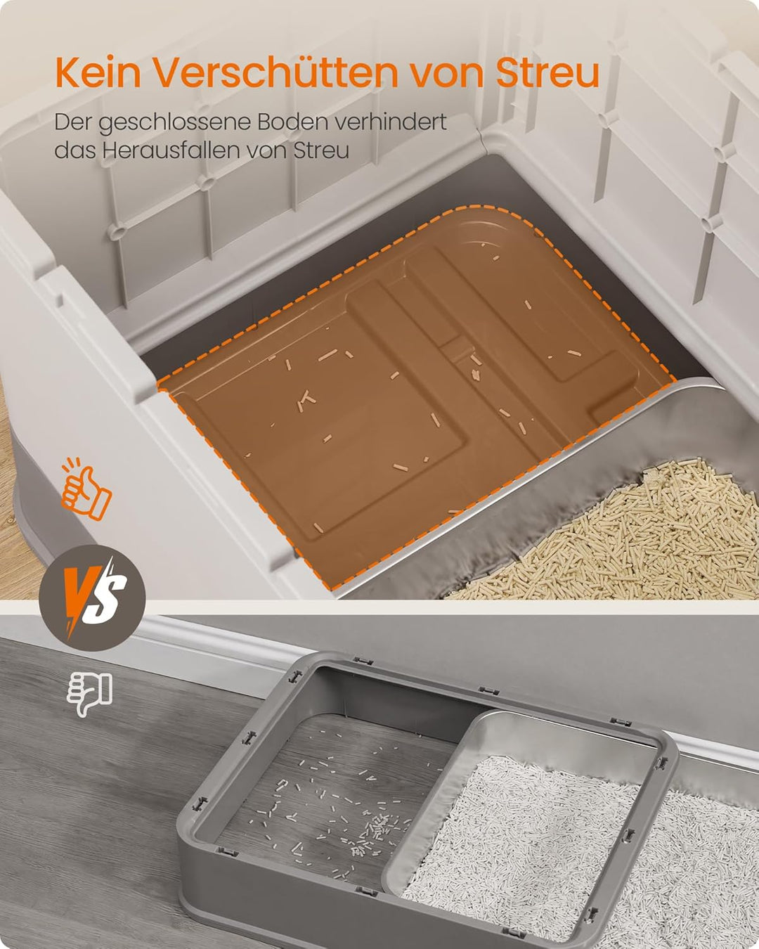 Feandrea Katzenklo Edelstahl, Katzentoilette, mit Deckel, ausziehbares Tablett, Schaufel, Bürste, fü