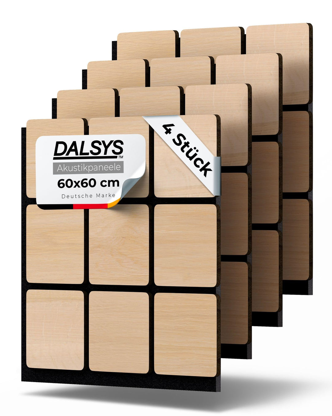 4x Akustikpaneele Holz 60x60cm mit 3D-Quadrat-Muster Eiche hell | Wandpaneele Holz für Schallschutz