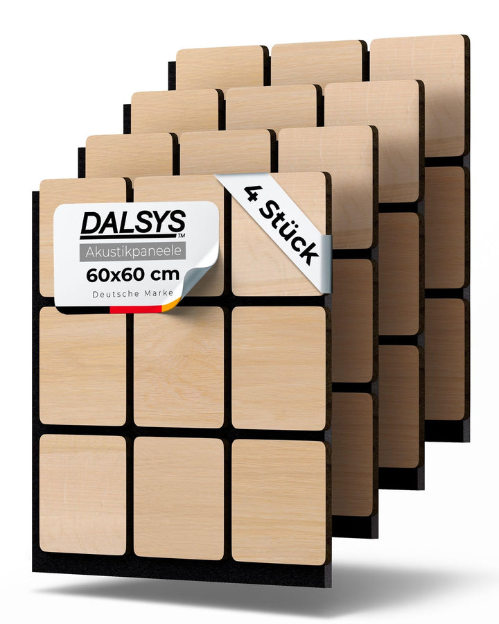4x Akustikpaneele Holz 60x60cm mit 3D-Quadrat-Muster Eiche hell | Wandpaneele Holz für Schallschutz