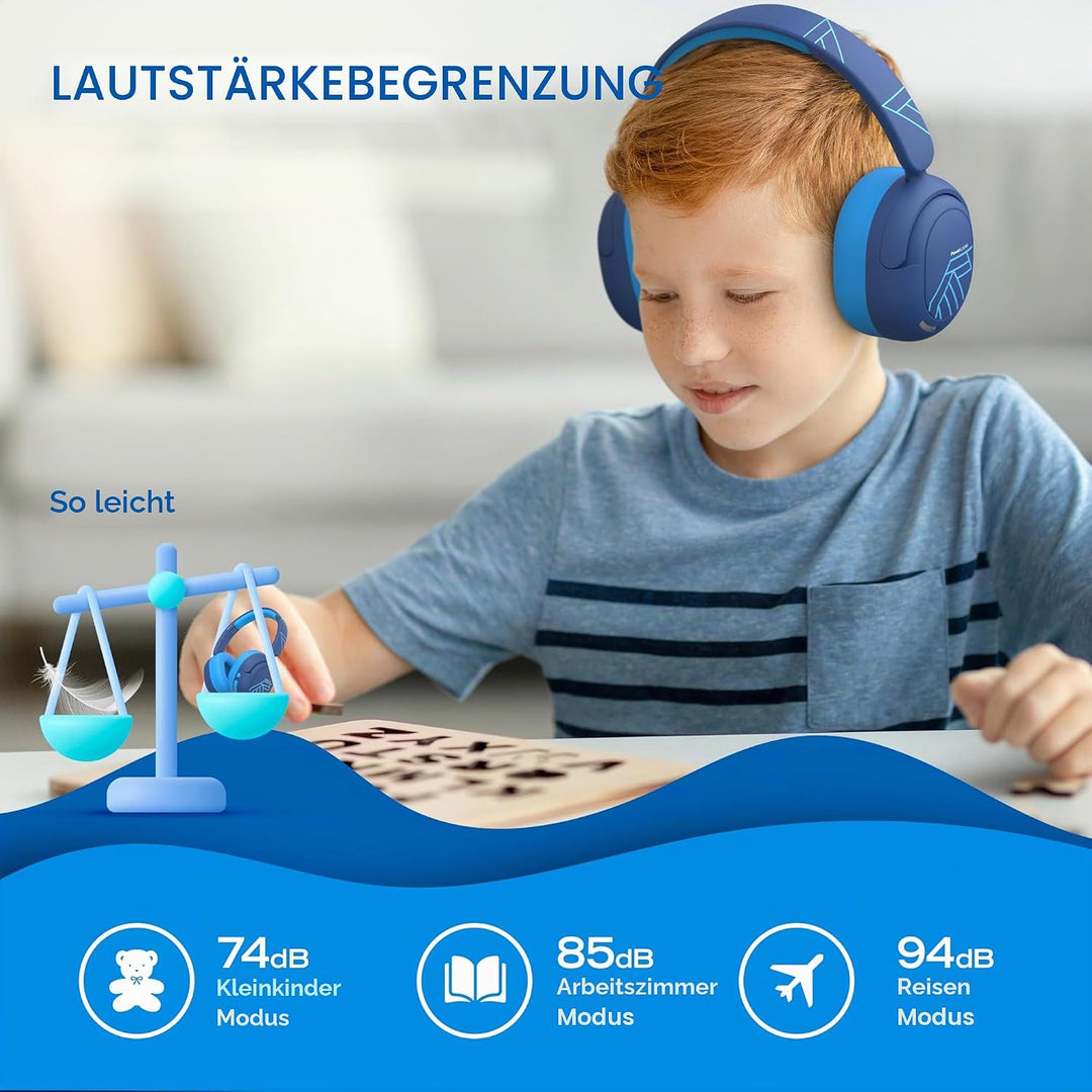 PowerLocus Bluetooth Kopfhörer Kinder, Aktive Geräuschunterdrückung, 70H Spielzeit, 74/85/94dB Siche