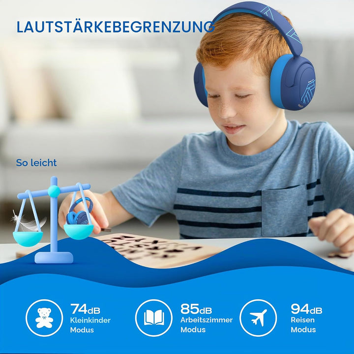 PowerLocus Bluetooth Kopfhörer Kinder, Aktive Geräuschunterdrückung, 70H Spielzeit, 74/85/94dB Siche