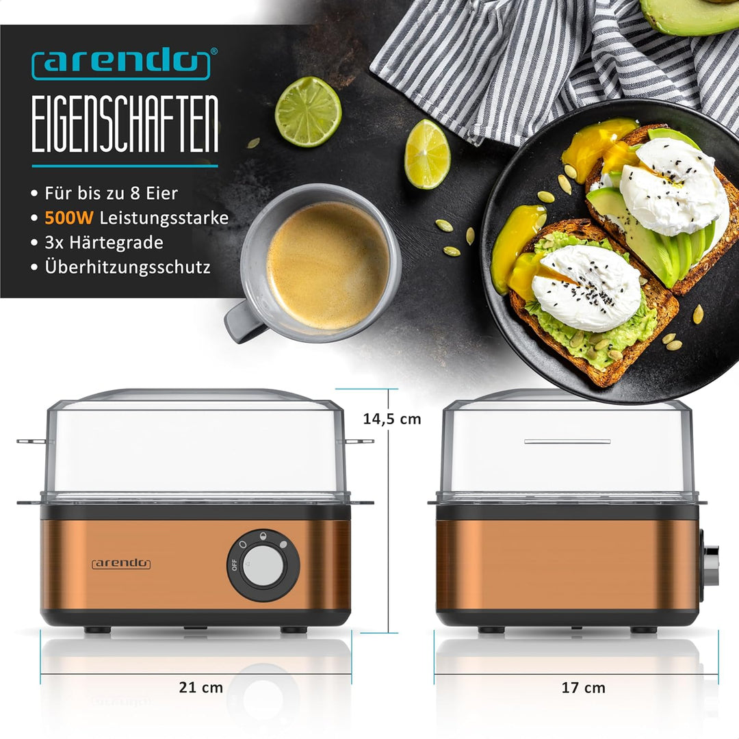 Arendo - Eierkocher Edelstahl für 1 bis 8 Eier - Egg Cooker - 500 W – Kontroll Leuchte – Drehregler