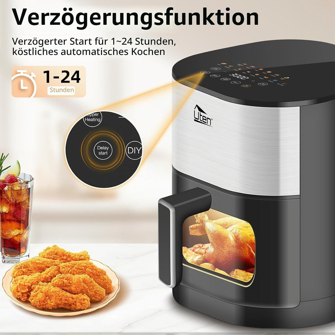 Uten Dual Blaze Heissluftfritteuse 5,5 L mit Sichtfenster, Airfryer 14 Programme, Verzögerter Start,
