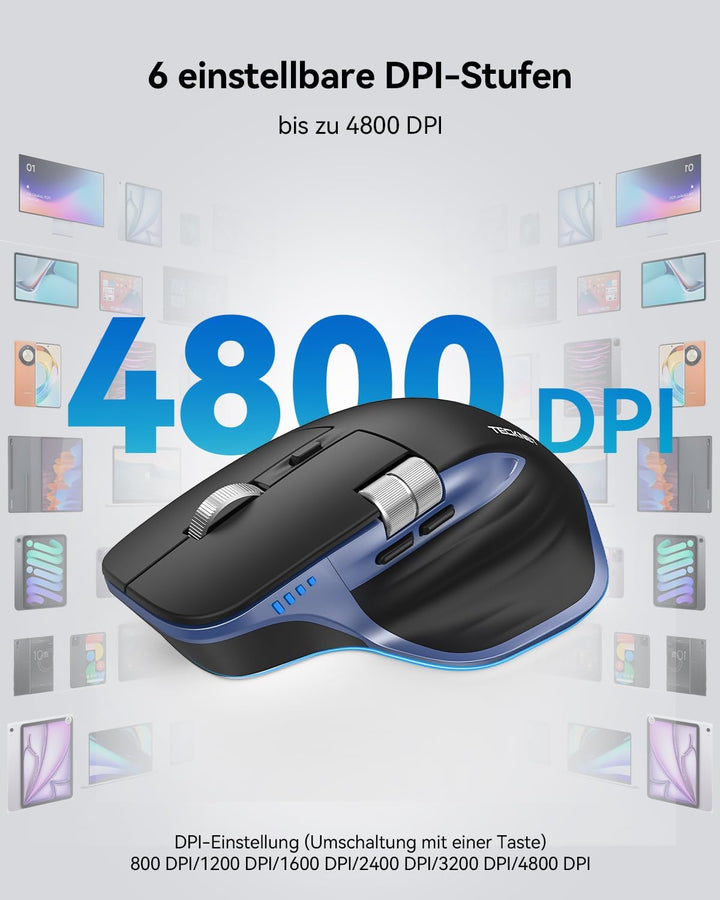TECKNET Bluetooth kabellose Maus(BT 5.3/5.0+2,4G), Seitliches Mausrad, Superschnelles Scrollen, Wied