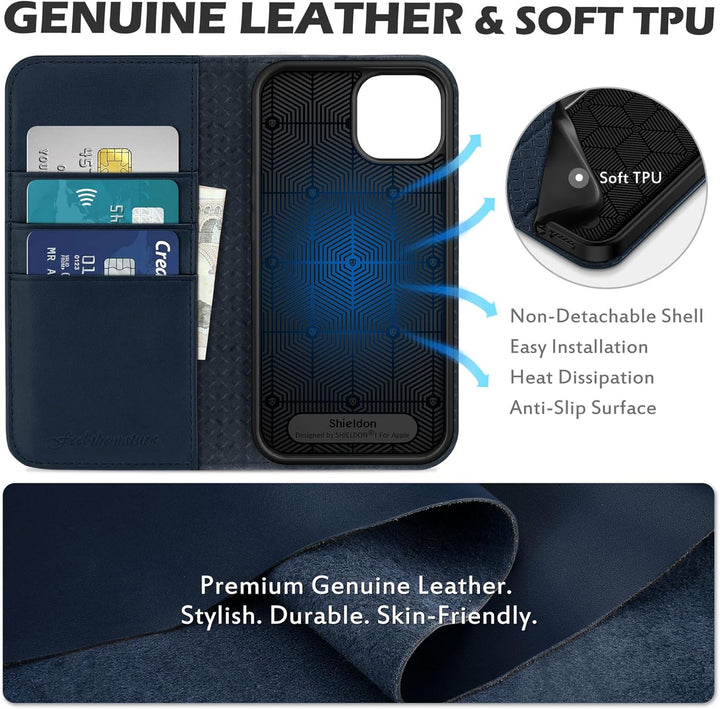 SHIELDON Hülle für iPhone 14 5G, Stossfeste Schuzhülle [Echtleder] [Kartenfach] [Verdicht TPU], Magn