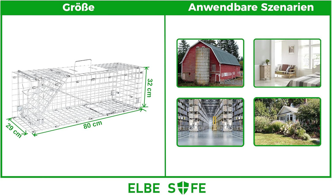 Elbe Safe Lebendfalle, Marderfalle, Katzefalle, Hundefalle, 80 x 29 x 32 cm, wetterfest, leicht zu r