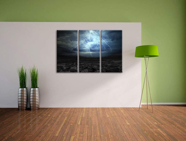 Pixxprint Blitz an Himmel als Leinwandbild | Grösse: 3 Teilig (120x80) | Wandbild| Kunstdruck | fert