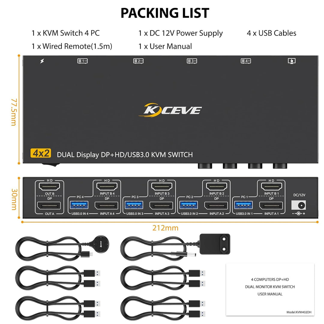 KVM Switch 4 PC 2 Monitore Displayport HDMI, USB 3.0 KVM Switch 4 PC 2 Monitore 8K@60Hz 4K@144Hz tei