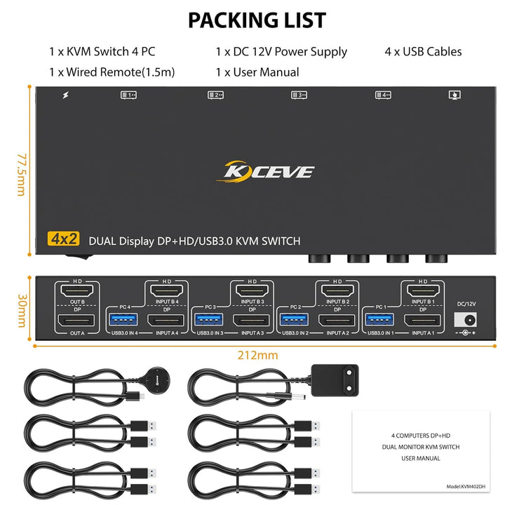 KVM Switch 4 PC 2 Monitore Displayport HDMI, USB 3.0 KVM Switch 4 PC 2 Monitore 8K@60Hz 4K@144Hz tei