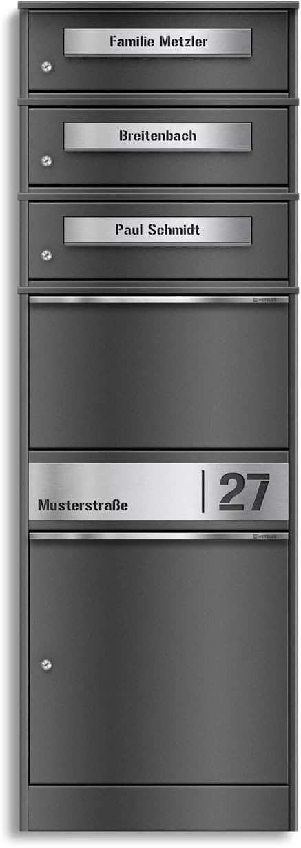 Metzler Paketbox mit 3 Briefkästen – 3er Briefkasten mit Paketfach & Namensgravur, Personalisierte B