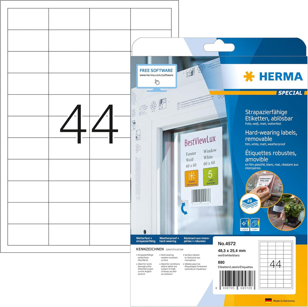 HERMA 4572 Wetterfeste Folienetiketten ablösbar, 20 Blatt, 48,3 x 25,4 mm, 44 Stück pro A4 Bogen, 88