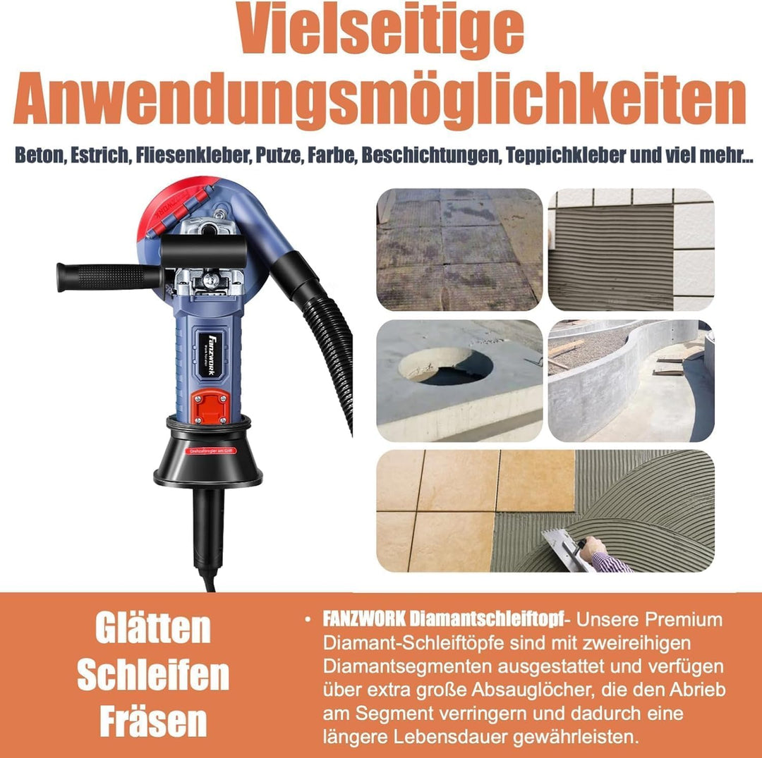 FANZWORK 1500W Betonschleifer Betonfräse Set, Drehzahlregelbar, inkl. Premium 125mm Diamantschleifto