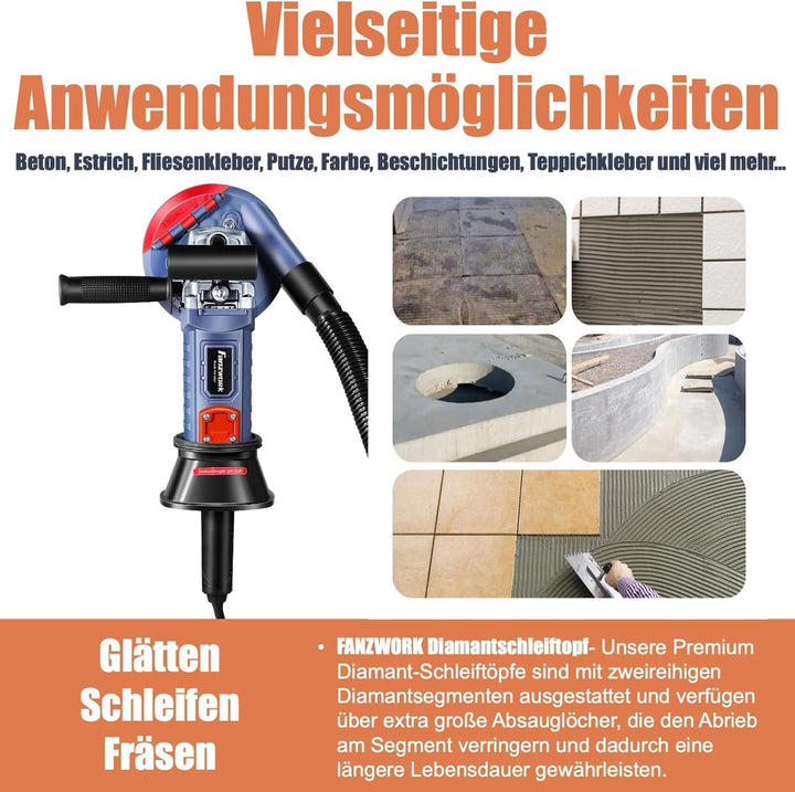 FANZWORK 1500W Betonschleifer Betonfräse Set, Drehzahlregelbar, inkl. Premium 125mm Diamantschleifto