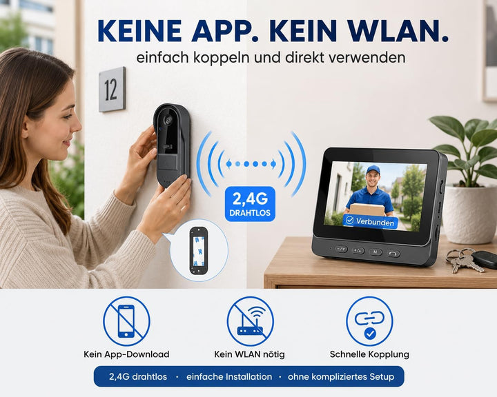 Zeerkeer Funkklingel mit Kamera Türklingel mit Kamera 2.4g Video Türklingel Kabellos mit Video-Zwei-