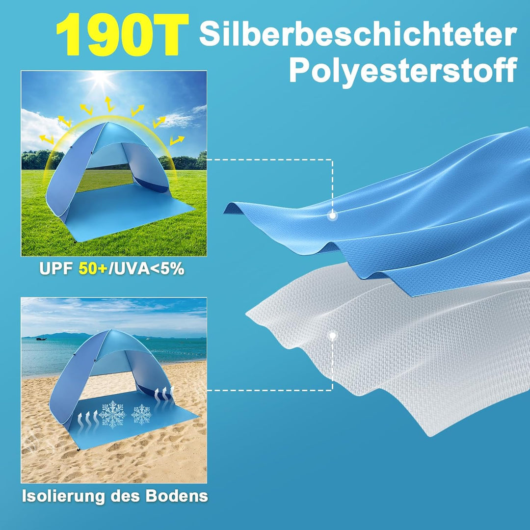 COVACURE Strandmuschel Pop Up XXL Strandzelt für 3–4 Personen, mit UV-Schutz UPF 50+ Ideal für Stran