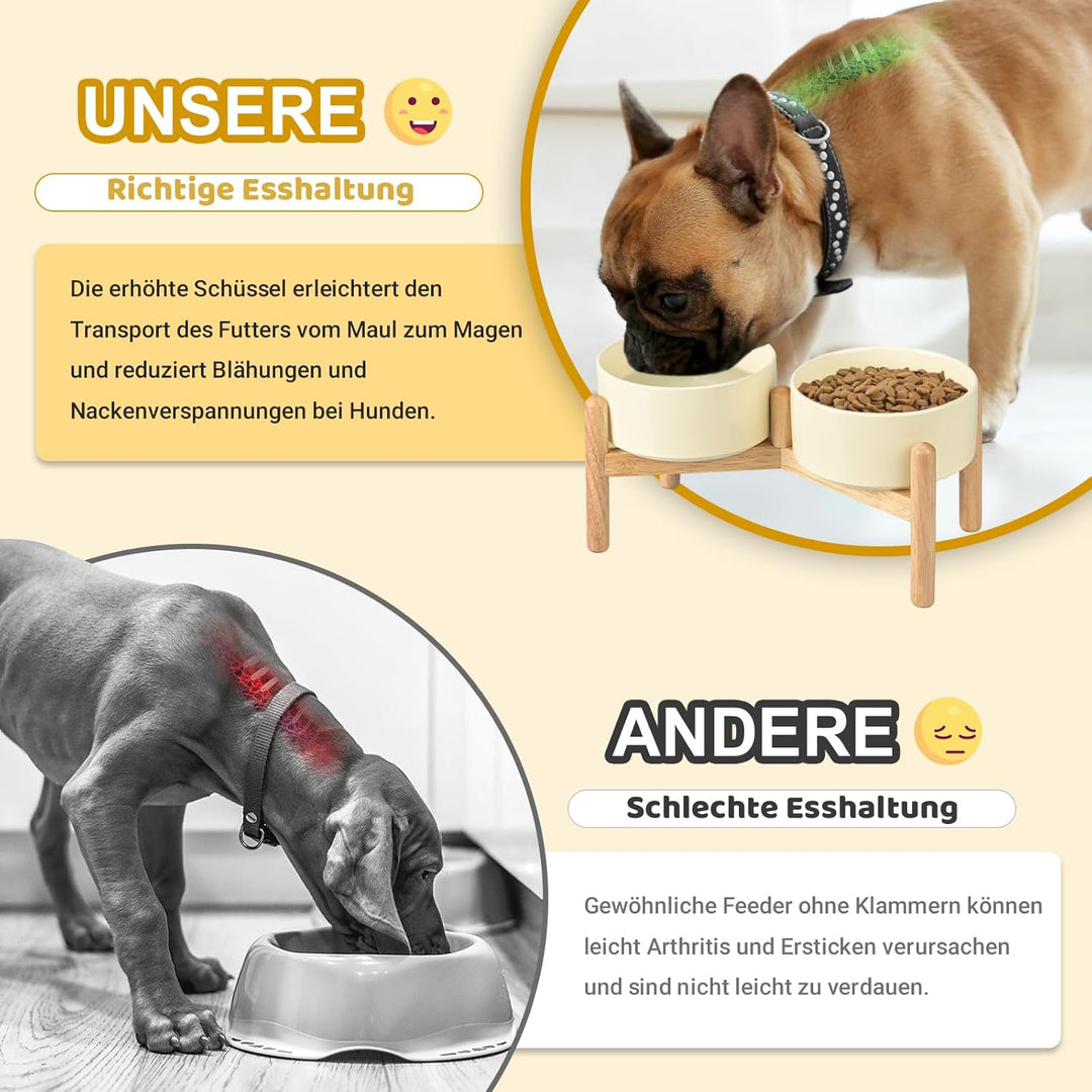 SPUNKYJUNKY Hundenapf Keramik Fressnapf Erhöhter Futternapf Wassernapf mit Bambus Ständer für mittel