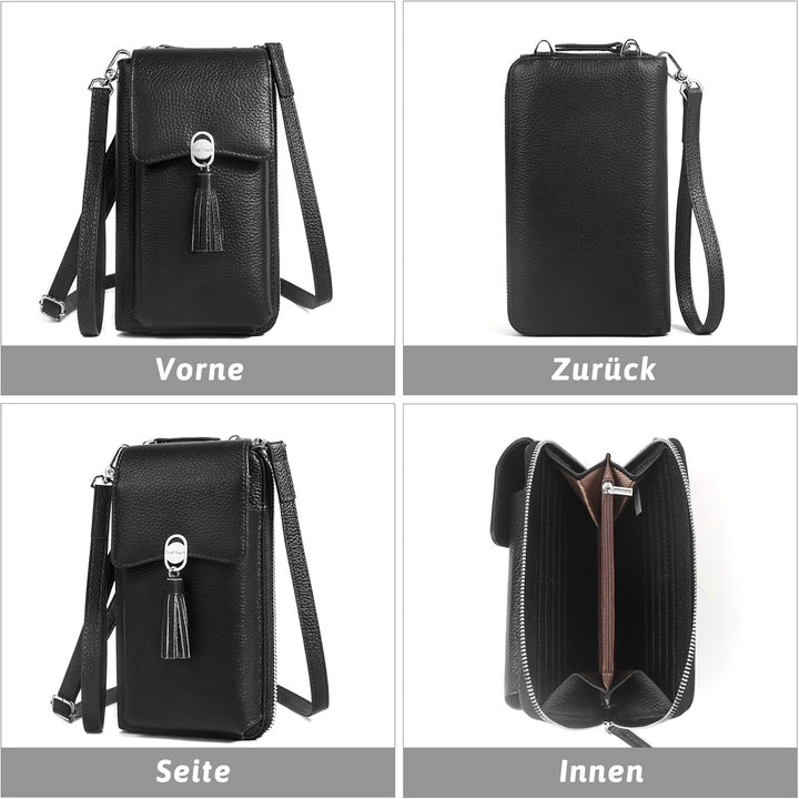 Pearl Angeli Weiches Echtes Leder Handy Umhängetasche - Handytasche Geldbörse Damen RFID Schutz klei