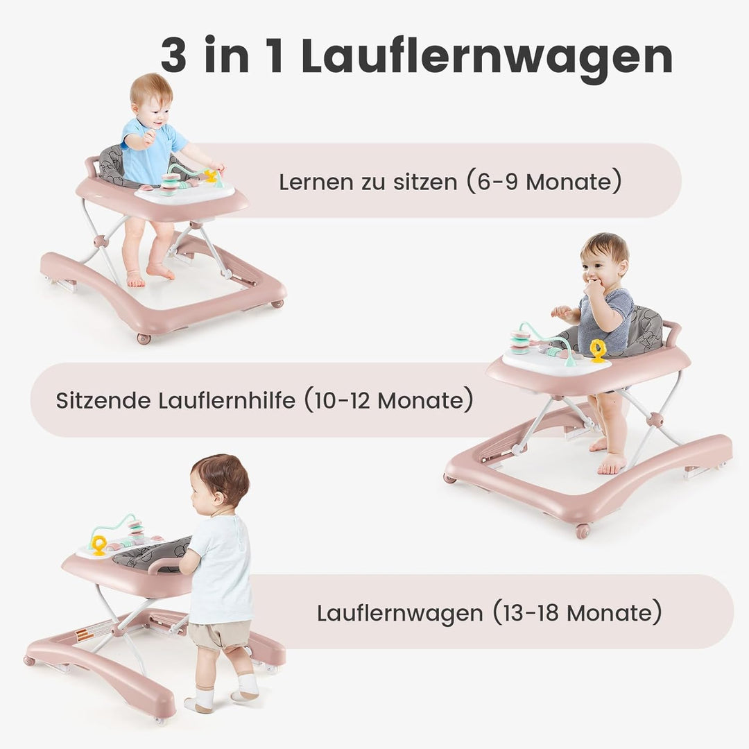 COSTWAY 3 in 1 Lauflernhilfe klappbar, Lauflernwagen mit verstellbarer Höhen & Geschwindigkeit, Baby