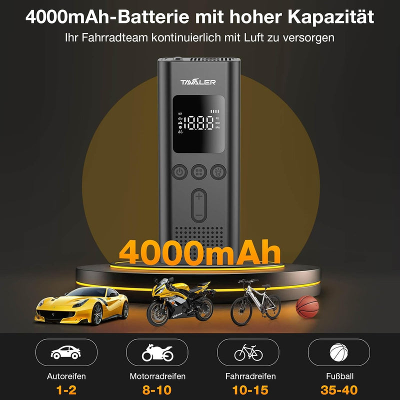 Tavaler Elektrische Luftpumpe Fahrrad, 150PSI Tragbarer Akku Luftpumpe Fahrrad/Auto, 4000 mAh Wieder