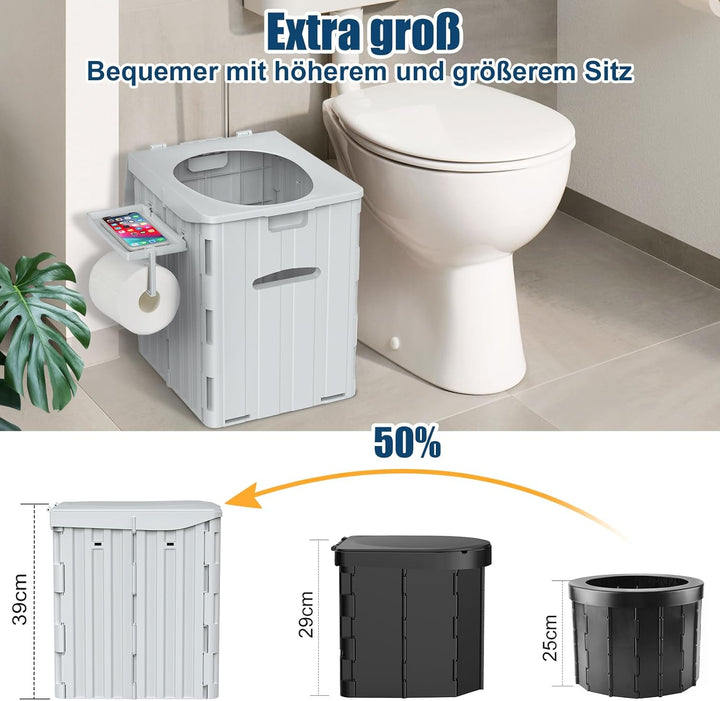 WADEO Tragbare Campingtoilette mit Deckel, 39 cm hohe Mobile Toilette mit 12 Stück Toilettenbeutel,