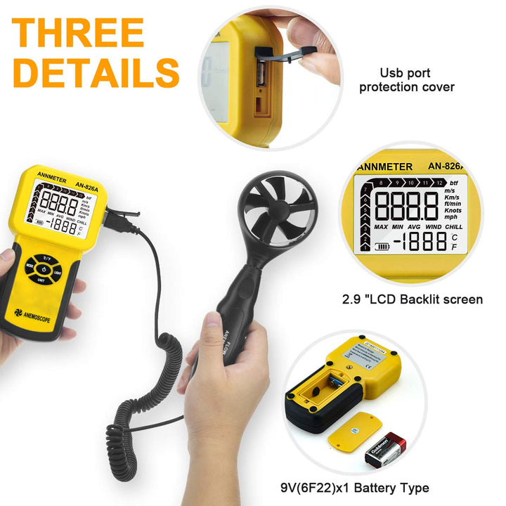 AIOMEST Windmesser, Digital Anemometer Windmesser Windmessgerät Handheld, AI-826A Windmesser CFM Win