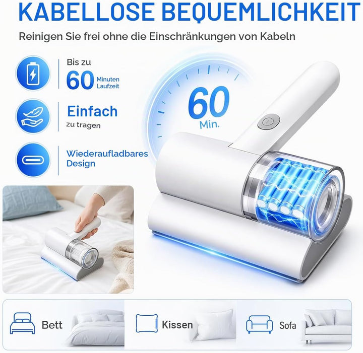 Bettstaubsauger, Matratzenstaubsauger mit Starker Saugkraft, Matratzensauger für Sofas, Tiefenreinig