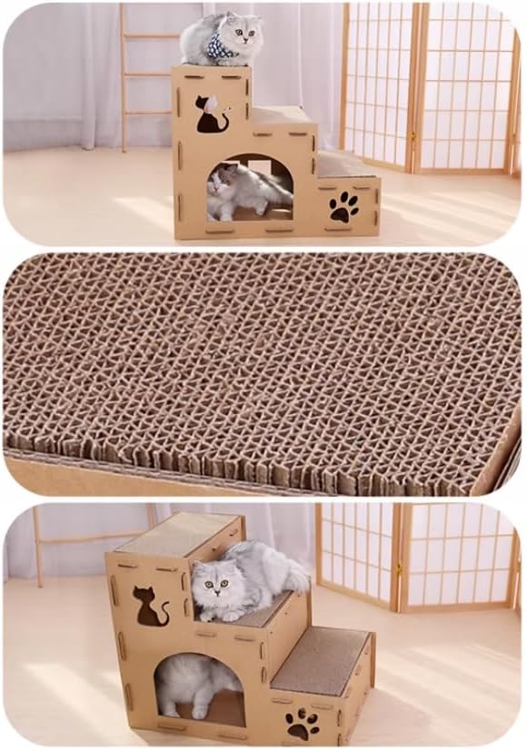 Papp-Katzenhaus - Zweistöckige Katzenhöhle aus Pappe - Stecksystem - Leichtes Design - Kombination a
