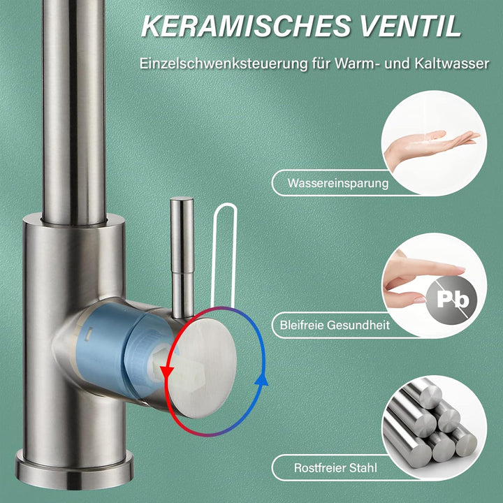 Wasserhahn Küche Edelstahl Küchenarmatur Mischbatterie mit Brause Ausziehbar Hochdruck 360° Schwenkb