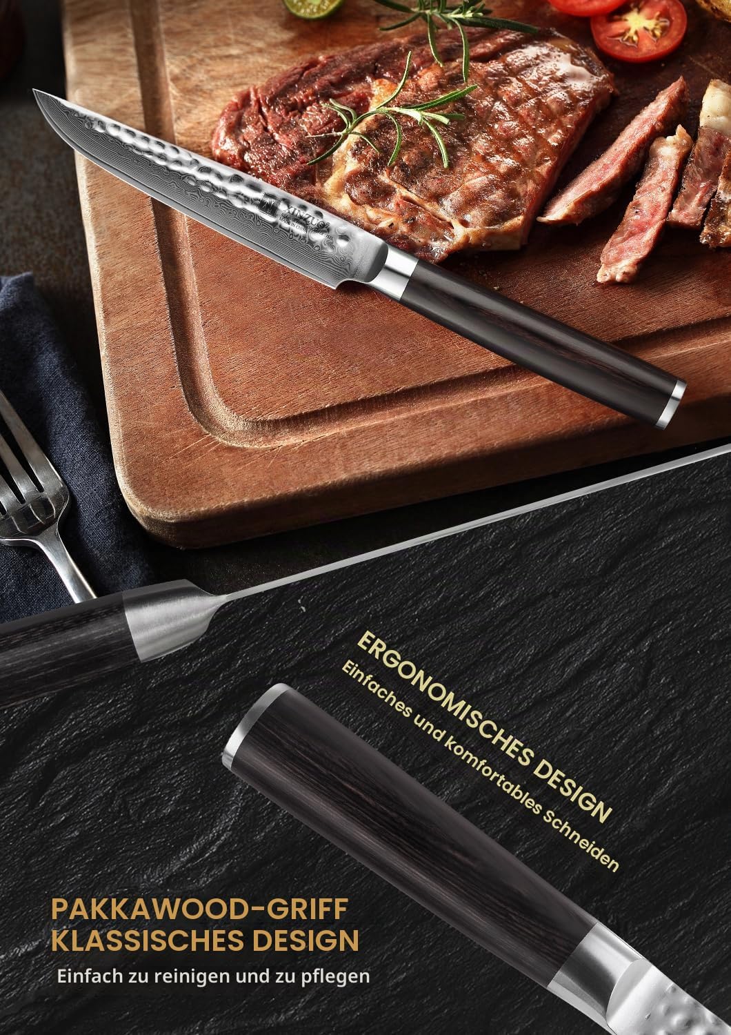 XINZUO 4-Teilig Steakmesser Set, 12.4cm Steakbesteck für 4 Personen, profi Damaststahl Steakmesser s