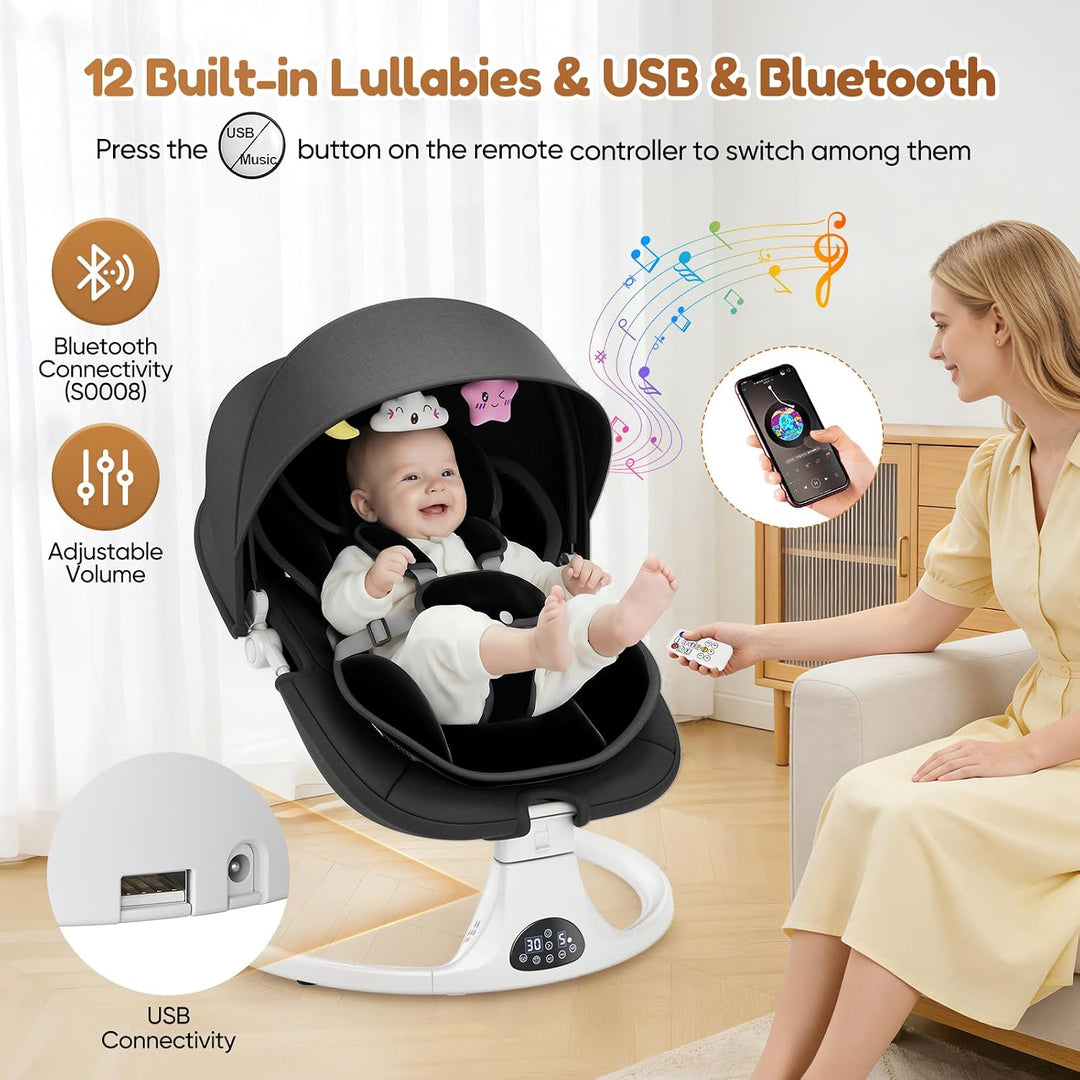 Elektrische Babyschaukel (0–6 Monate) – Babywippe ab der Geburt mit 5-Punkt-Gurt, 5 Schaukelgeschwin