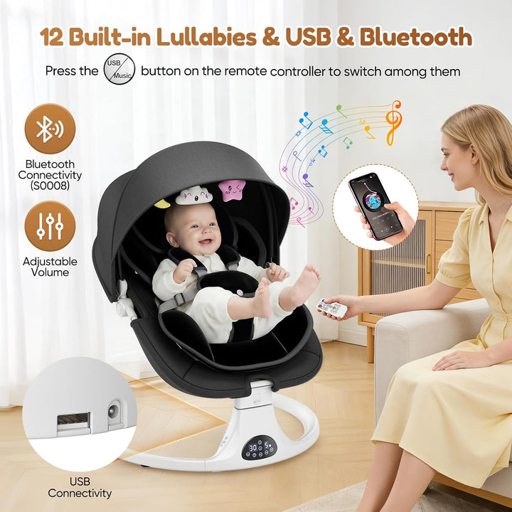 Elektrische Babyschaukel (0–6 Monate) – Babywippe ab der Geburt mit 5-Punkt-Gurt, 5 Schaukelgeschwin