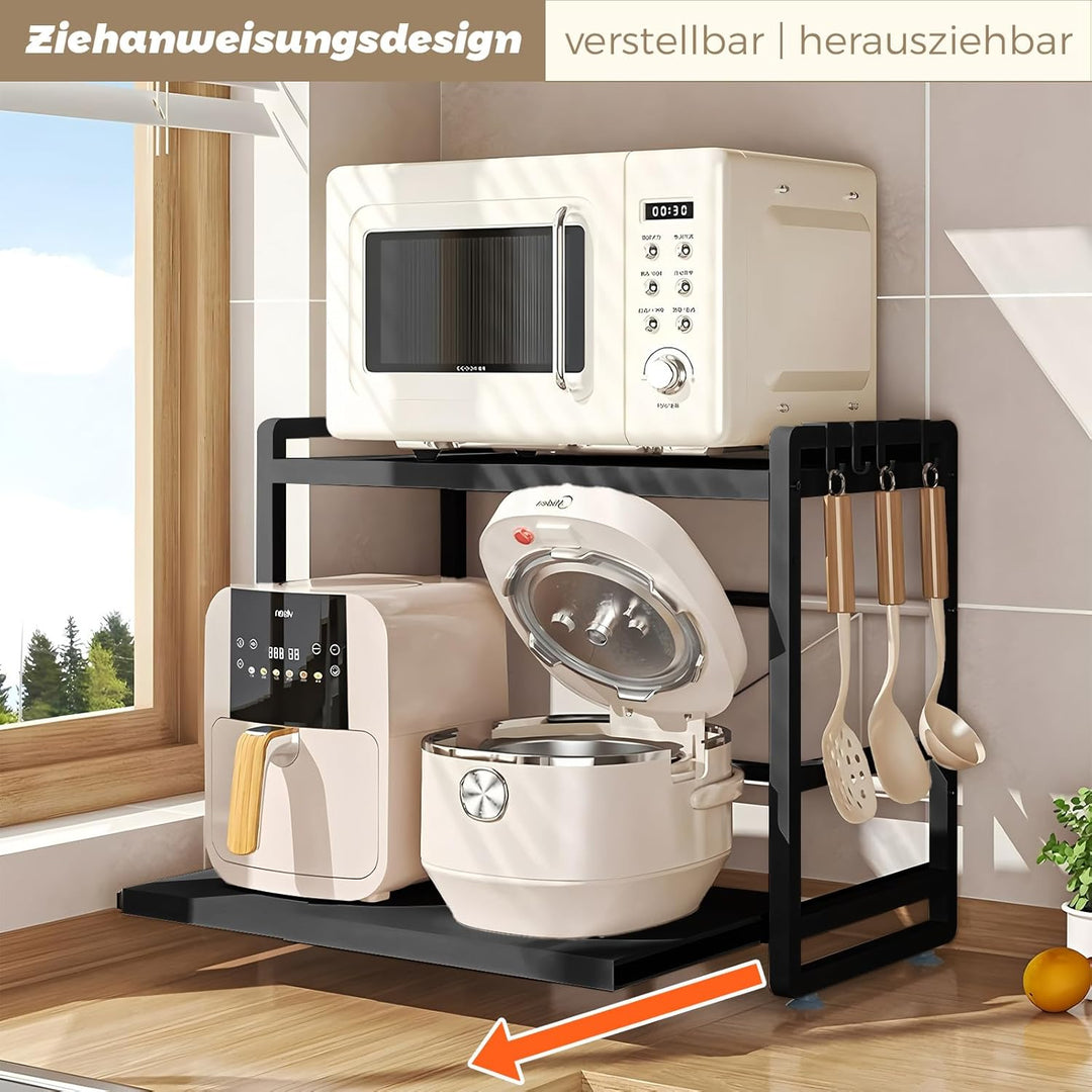 2-stüfiges Mikrowellenregal – Höhenverstellbare & Ausziehbare Küchen-Ablage mit Schublade – Aus Kohl